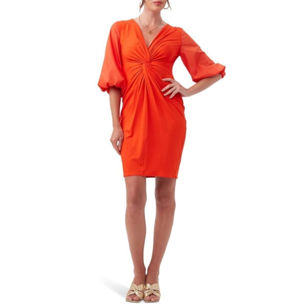 trina turk jersey dress 'Palm Coast' Twist-Front Stretch-Jersey Mini Dress, Reef Red night out outfit